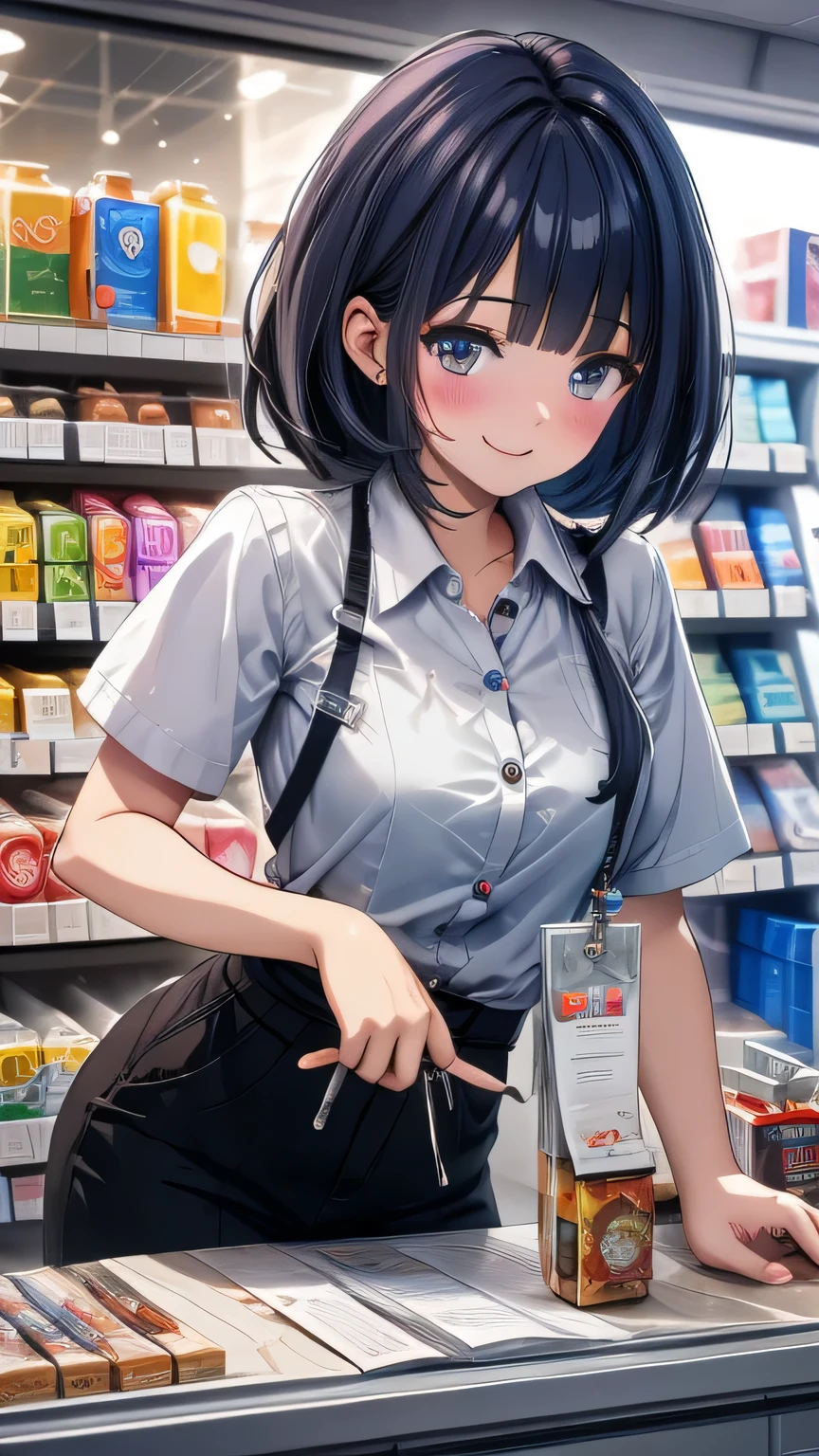 very detailed CG Unity 8K 壁紙),(masterpiece), (top quality), (very detailed), (Best illustrでions),( best shadow ), convenience store clerk uniform inside checkout counter Late Night Smile face close-up