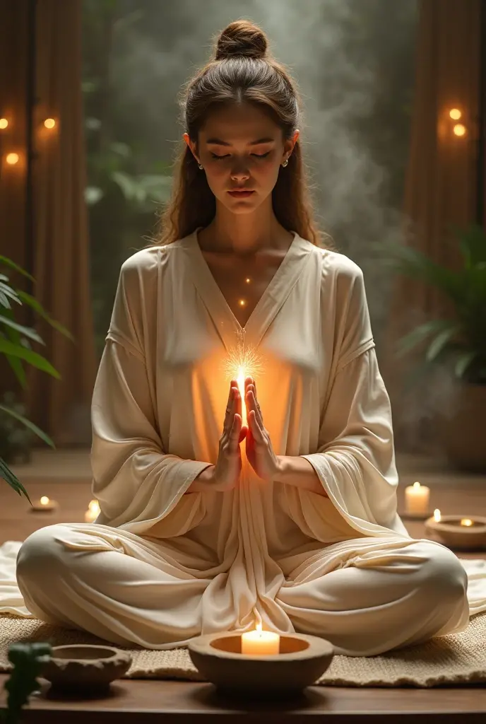 Woman meditating 25-year-old woman with Smoky Quartz in her hands Illuminated environment full of smoky quartz, dressed in a ice-blue bathrode