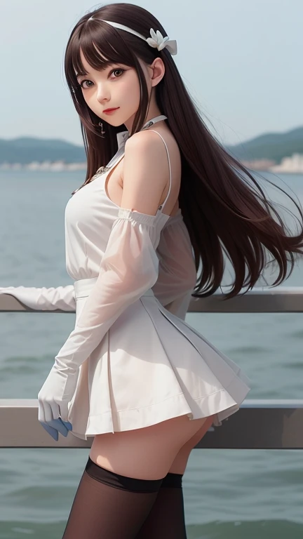 ((best quality)), ((masterpiece)), ((1girl)), solo, Ferry, ((long hair)), FerryBase, ((thighhighs)), bare shoulders, ((jewelry)), ((sleeveless)), white dress, blue skirt, ((gloves)), thigh-high, from behind.