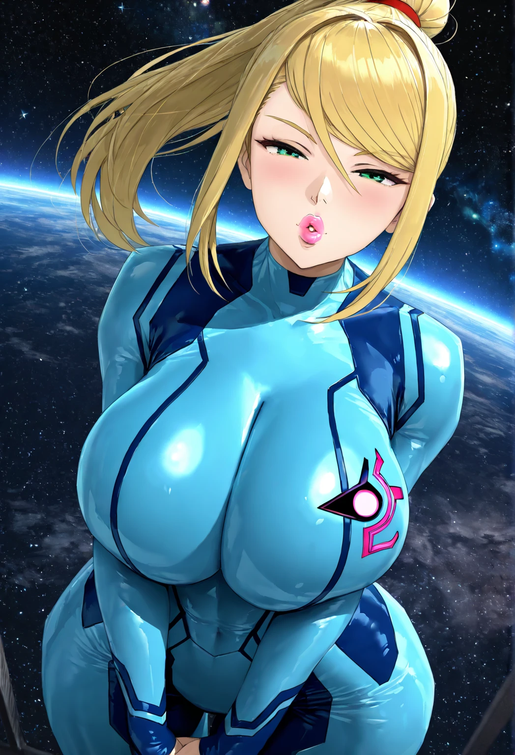 8k, 1girl,space ship,bodysuit,cleavage, night,galaxy, space, huge breasts, holding laptop, looking at viewer, , solo focus, cowboy shot, (masterpiece:1.4),(best quality:1.4),(shiny skin),steaming body ,