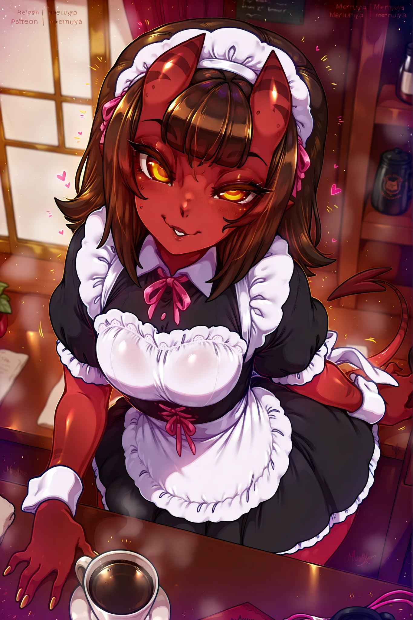 made by melkor mancin, 1girl, Meruccubus artist by Merunyaa, red skin, brown hair, 2 demon horns, cinematic lighting, Meruccubus artist by Merunyaa, red skin, 2 demon horns, tiny tail merunyaa, maid serving coffee, coffee background