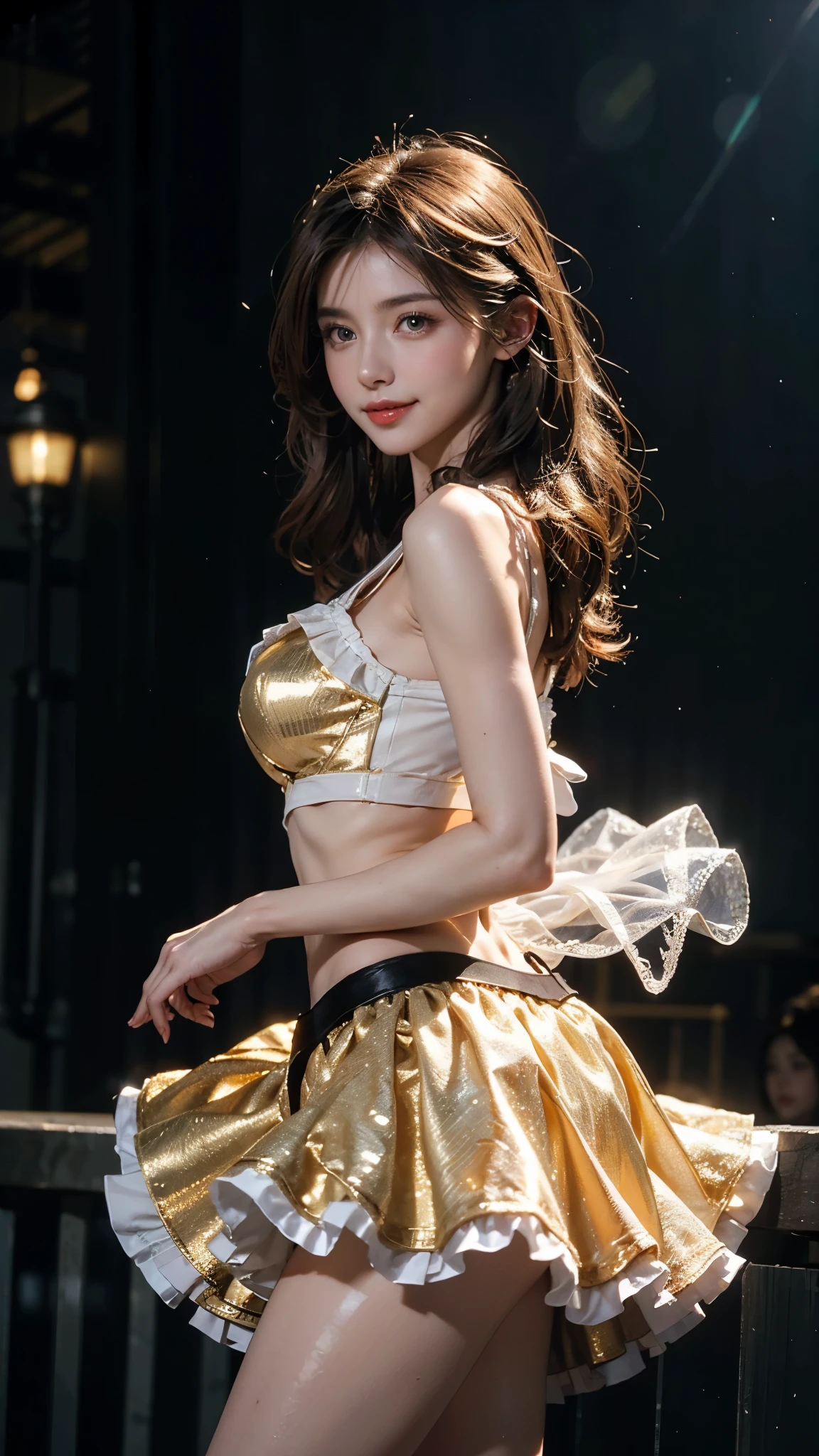 fishnet suits:1.9,20 year old Japanese woman singing in 2,gold fishnet suits:1.9,tights:1.5,(top quality、In 8K、masterpiece:1.2)、embarrassed:1.4、perfect body beauty:1.2、(ponytail:1.3),(light brown hair:1.harp jaw
