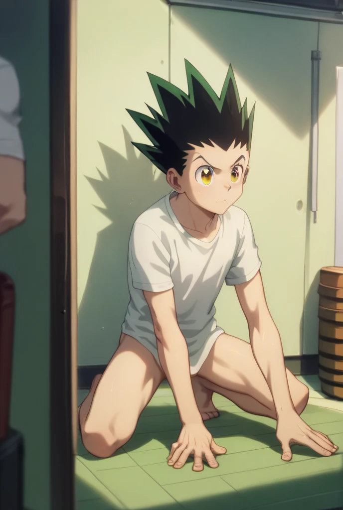 Think from the anime my Hero Academya is peeing in his underpants in the school hallway. He is only wearing his underpants, a pair of tight light blue underpants. The urine makes his underpants very wet and the urine is flowing down his legs while he looks shocked and ashamed at the urine stain.