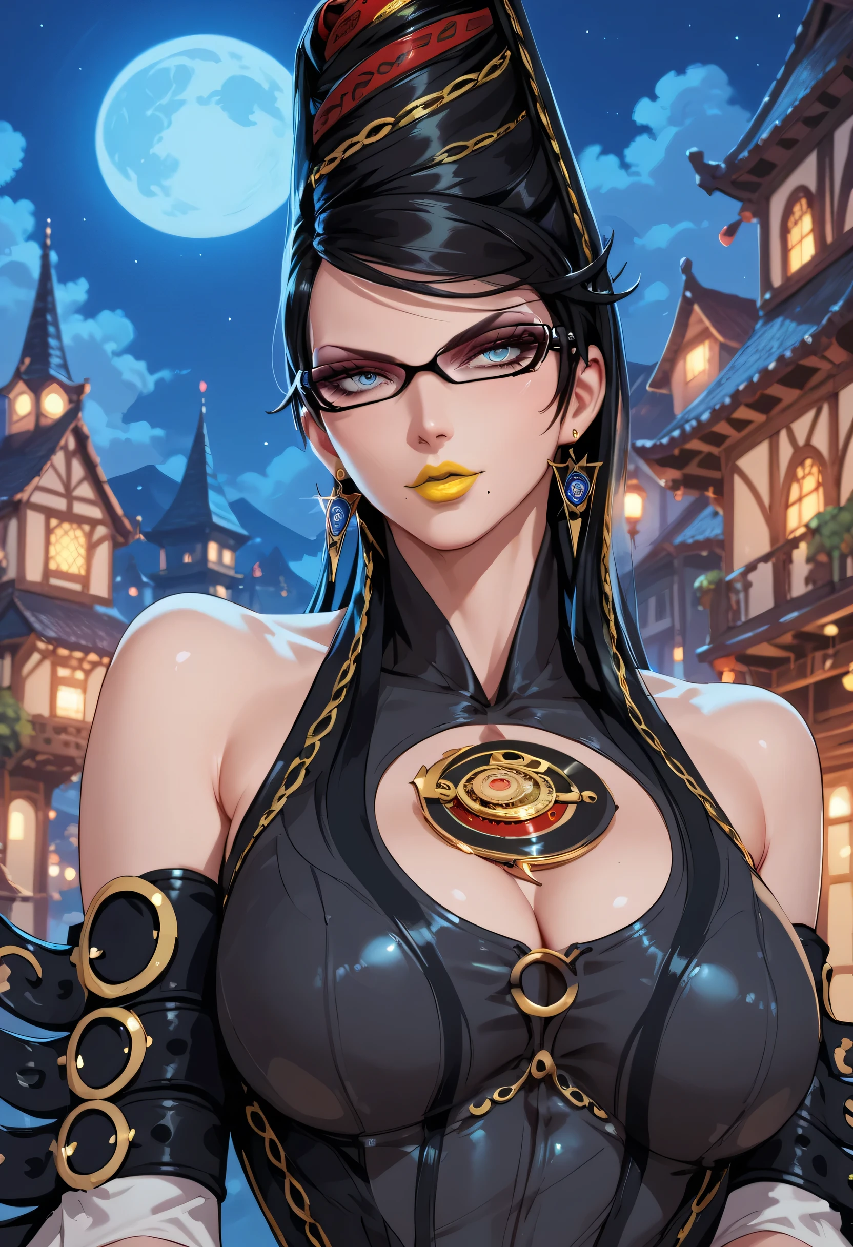 woman, big breasts, yellow lipstick, anime style, blue eyes, black hair, white skin, night, Bayonetta