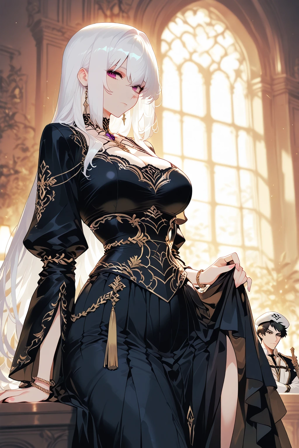 A princess with white hair and red eyes wearing a dress and has  big tits She was wearing a black dress with gold accents. 