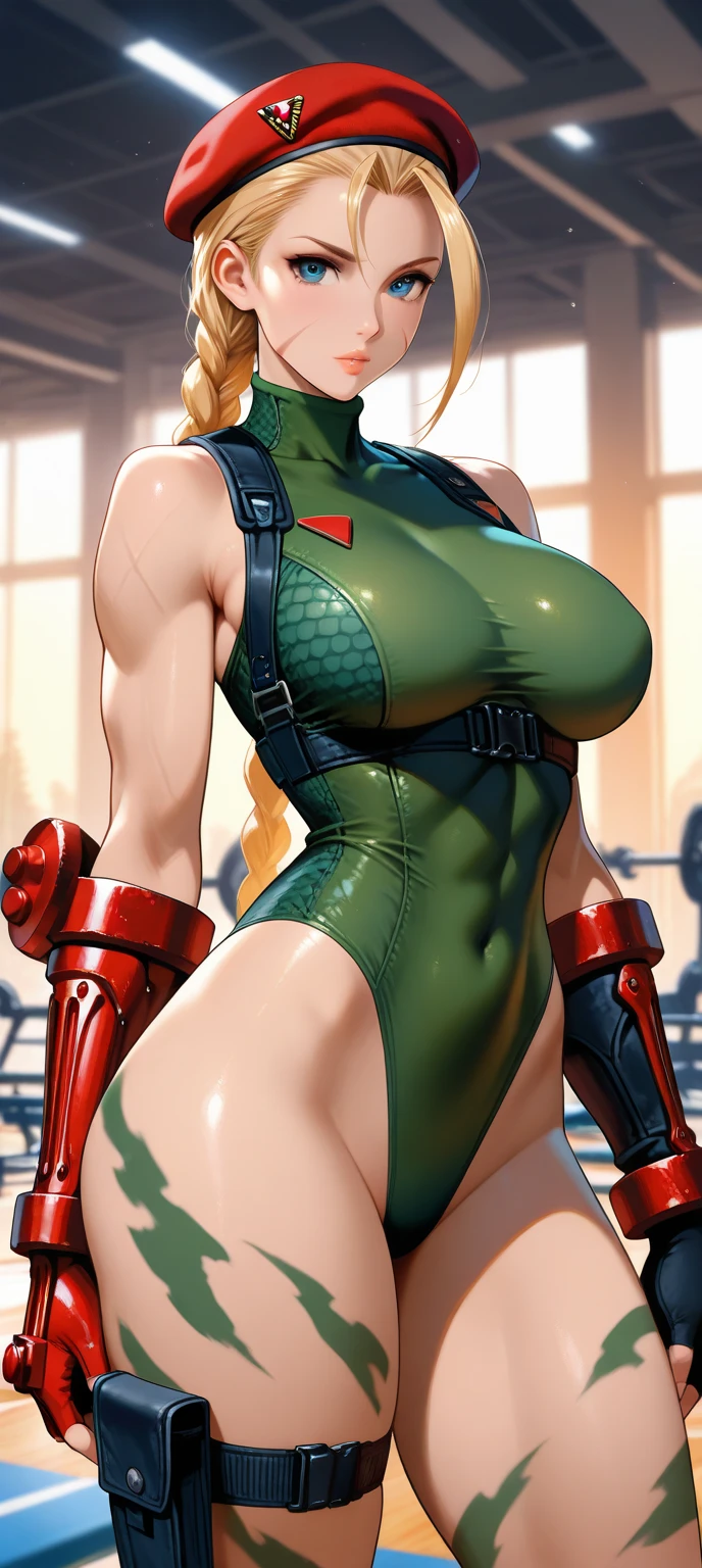 (tmasterpiece), (best qualtiy), 8K分辨率, ultra - detailed, photorealestic, photore, femele, with short white hair,Eight-pack abs,Expose abs,(body builder:1.3),Toned legs,Toned arms,3DMM style,Green super sexy super high fork super deep V three-point one-piece swimsuit,Two arms and thighs appear in the picture,Body facing the camera,She has huge, full breasts,Large and firm breasts,Light shines from the front