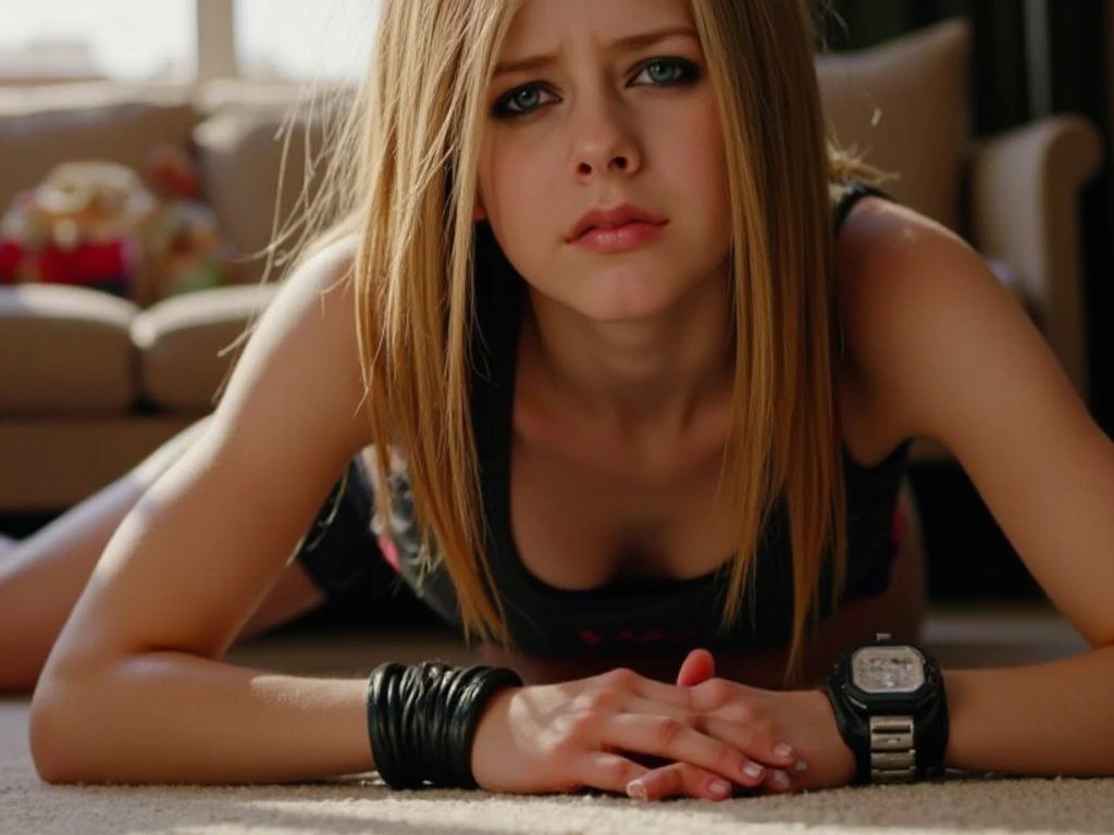 Amanda Seyfried sitting on a bed with a dog, posing in a bedroom, in her room, sitting on the bed, sitting in her room, bedroom eyes, teen girl, in the bedroom at a sleepover, touching her clothes, sitting on a bed, sitting on her bed, in my bedroom, sitting in bedroom, in a bedroom. Her very large, very heavy breasts press against the fabric of her bra due to gravity.