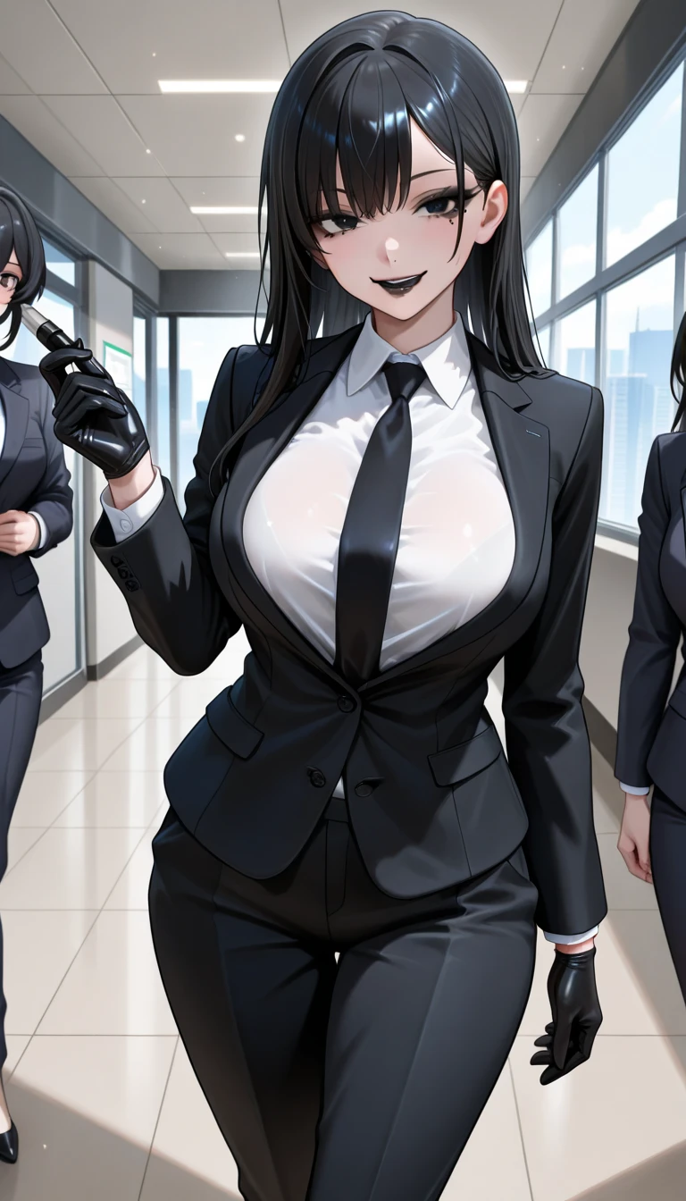 juri han, work of art, tight white secretary shirt with black tie, black high waist skirt, short skirt,stocking, black hair, black tights,evil smile,office,franja nos olhos,iluminação,chifre de cabelos,visão de cima,olhando para cima
