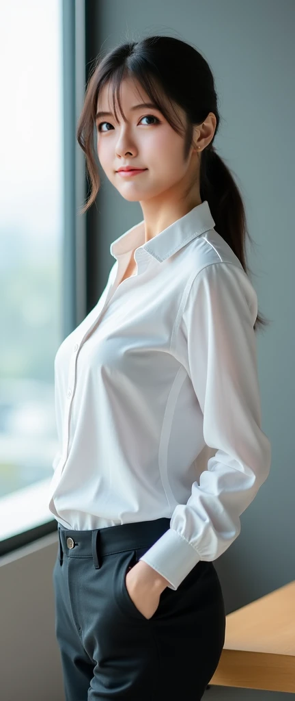 ((最high quality、8k、masterpiece:1.3))、Realistic, Sharp focus, high quality, High resolution, alone, Japanese, A kind smile,Middle-aged women,56 years old, ((Big Breasts:1.2)), (((Big Ass 1.3)))、Light brown short bob, Wrinkles around the eyes、Embarrassing appearance、A shy smile、((Up to the thighs))、In the company office、Bright office、Indoors with afternoon sunlight streaming in、A seductive gaze、A kind smile、White blouse with collar、Grey tight skirt、