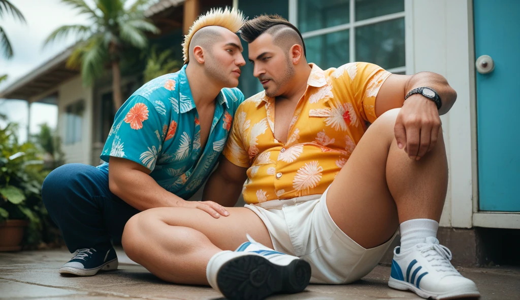 full view full body, 2 different blond European male bodybuilders with undercut cut, extremely bloated and excessively swollen with muscle and fat like two big and fat obese gorets force-fed, their over-inflated muscles resembling buoys, there are a lot of gold rings, bracelets and necklaces, wear white lycra suits and white socks, no shoes, they roll and crawl on the ground in the mud, cannot getting up, looking desperate, in the evening, in a swamp, you can see their socks