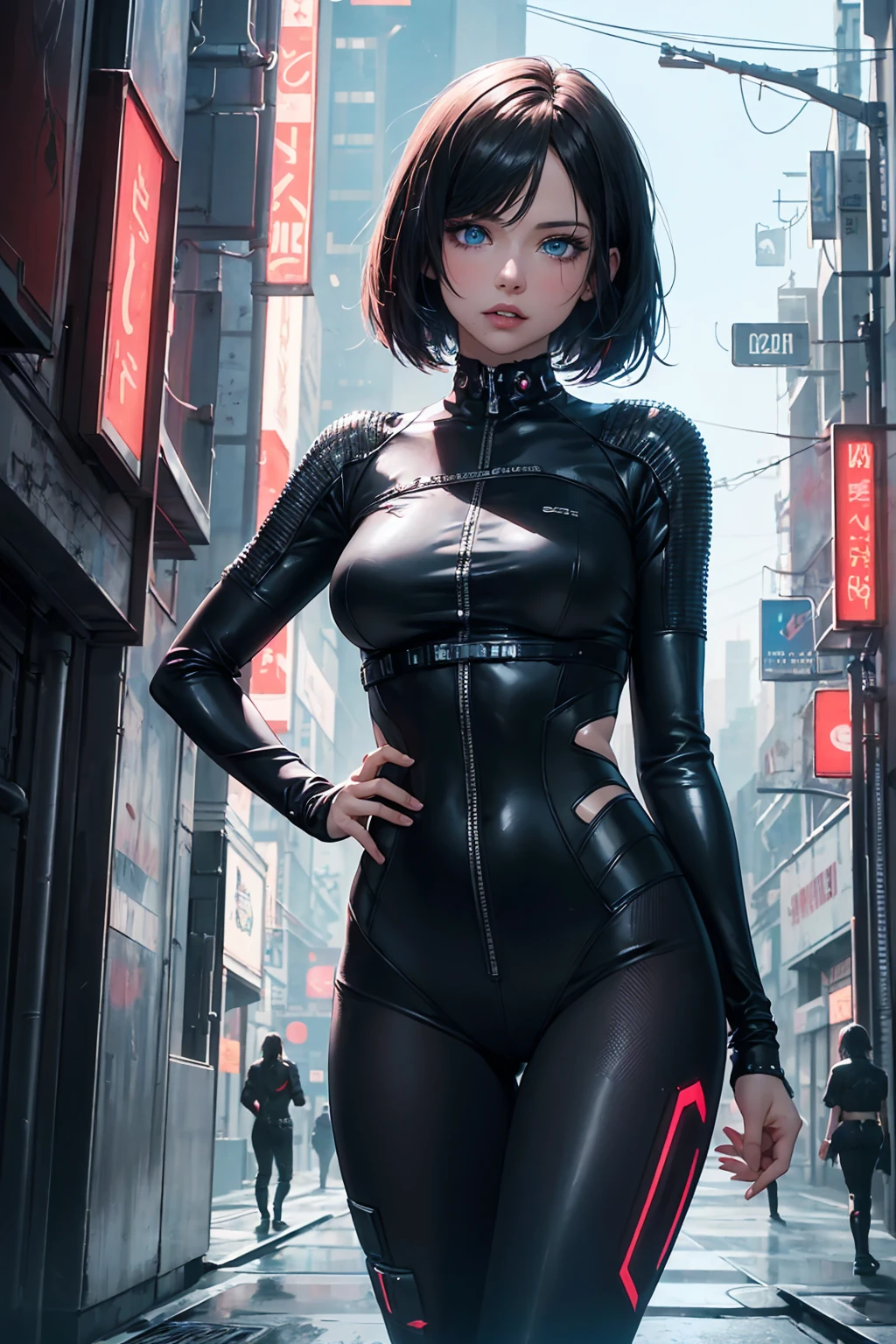 (巨作)、the detail、in 8K、((Full body photo from head to toe))、(((Dynamic posture)))、Girl in tight clothes、short dark hair、Colorful inner hair、Realistic and sharp details、portrait shooting、Super Intricate Details、Ultra-fine details、Stay outside、