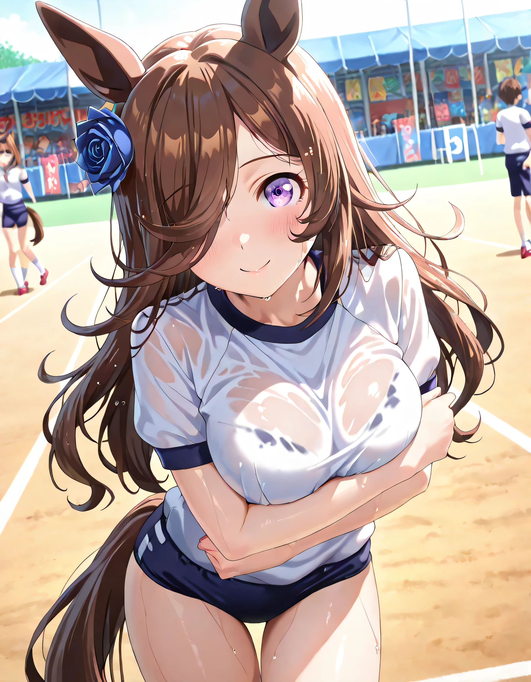 ((ultra-detailed)), (highly detailed CG illustration), (best quality:1.2), ultra-highly detailed, colorful composition, artistic photoshoot, 1girl, solo focus, thigh to top:1.2, cowboy shot:1.2, moe anime character, girl, dainty facial structure, ( face, round face, rounded chin:1.2, short height, rice shower \(umamusume\), animal ears, horse tail, purple eyes, brown hair, hair over one eye, 1girl, horse ears, rice shower animal ears, horse tail, purple eyes, brown hair, hair over one eye, 1girl, horse ears, ample breasts, white short sleeve gym uniform with Navy blue rim:1.3, navy blue school gym buruma, sweat:1.2, wet clothes:1.2, smile:1.3, blush:1.3, Standing at the racetrackl:1.3, sucking a blue rose:1.4, from front:1.2, dynamic pose, contrapposto pose:1.3, best quality, expecting, pink cheek, blush, light pink gloss slip, portrait, depth of field, sparkling sunlight, lighting, backlighting, shine, lighting, caustics, ray tracing, perfect face, lustrous skin, highly detailed face, highly detailed eyes, perfect face, perfect nose, perfect hair, perfect eyes, perfect anatomy, beautiful hair, beautiful small face, extremely detailed face, beautiful detailed eyes, beautiful clavicle, beautiful body, beautiful ample breasts, leavage, breasts squeezed together, equalize the size of the left and right breasts, beautiful thin thighs, beautiful legs, beautiful fingers, (4 fingers), 1 thumb, lovely, (very detailed background:1.0), (highly detailed background:1.0), summer aesthetic, intricate details, festival atmosphere, summer colors palette, chromatic aberration