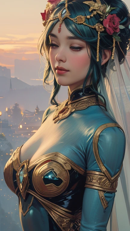 Official Art, Unity 8k wallpaper, Ultra detail, Masterpiece, Best quality, One woman,Beautiful jewels all over the body, (Very detailed),(RAW photo, highest quality),(Realistic, Photorealistic:1.3),High definition, ultra-detailed complex 3D rendering of face, (Big breasts: 8.8), (Highly detailed skin: 1.2), (Exposure: 1.1), Beautiful Caucasian woman with big ass full soft breasts and white skin, dynamic angle, mystical expression, fire glow effect, fantasy background, rim lighting, side light, cinematic light, ultra high definition, 8k uhd, film grain,best shadow, delicate, raw, light particles, detailed skin texture, detailed gem armor texture, detailed face, intricate detail, ultra detailed, bright, strong, gold armor, cleavage, holding glowing weapons, holding shields, ((blue hair)), shining black eyes, long red cloak, fantasy, (realistic),