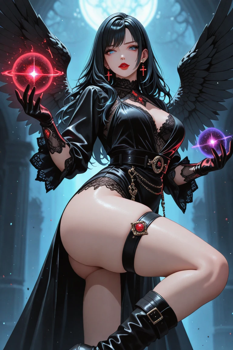 Lisa Ann: The evil nun, Demon horn, Demon wings on the head , sexy robe de nonne, His hands preparing a sphere of purple energy, diabolique, insidieux, His powerful magic hits the buildings of a city , Context of the Satanic Church, detailled eyes, detailed hands