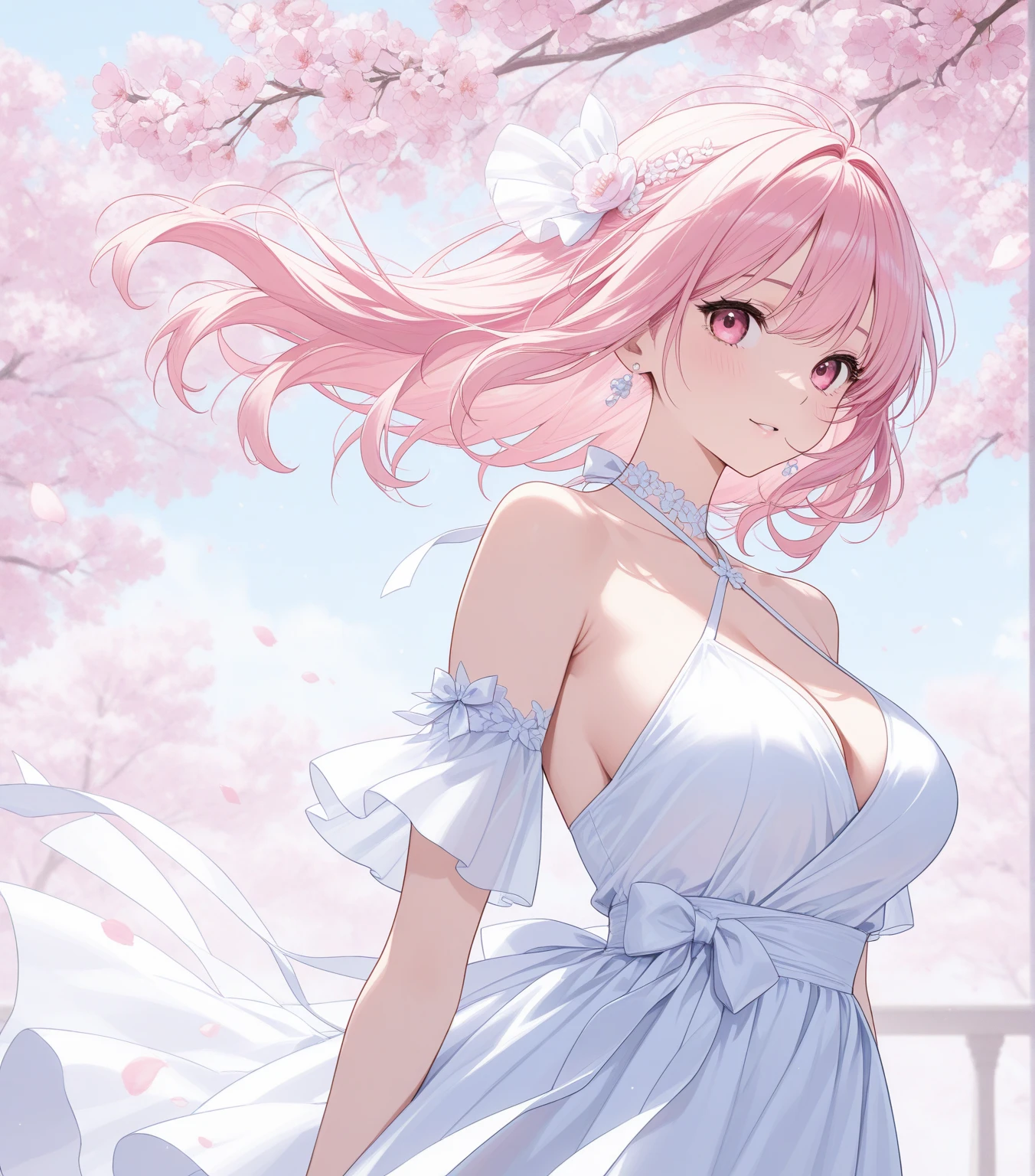 (masterpiece、highest quality: 1.1)、merchant (dq3)、1 girl、solo、short hair、ponytail、pink hair、blue eyes、big breasts、cleavage、white dress、strapless dresses、Sash、white pants、gem、earrings、smile