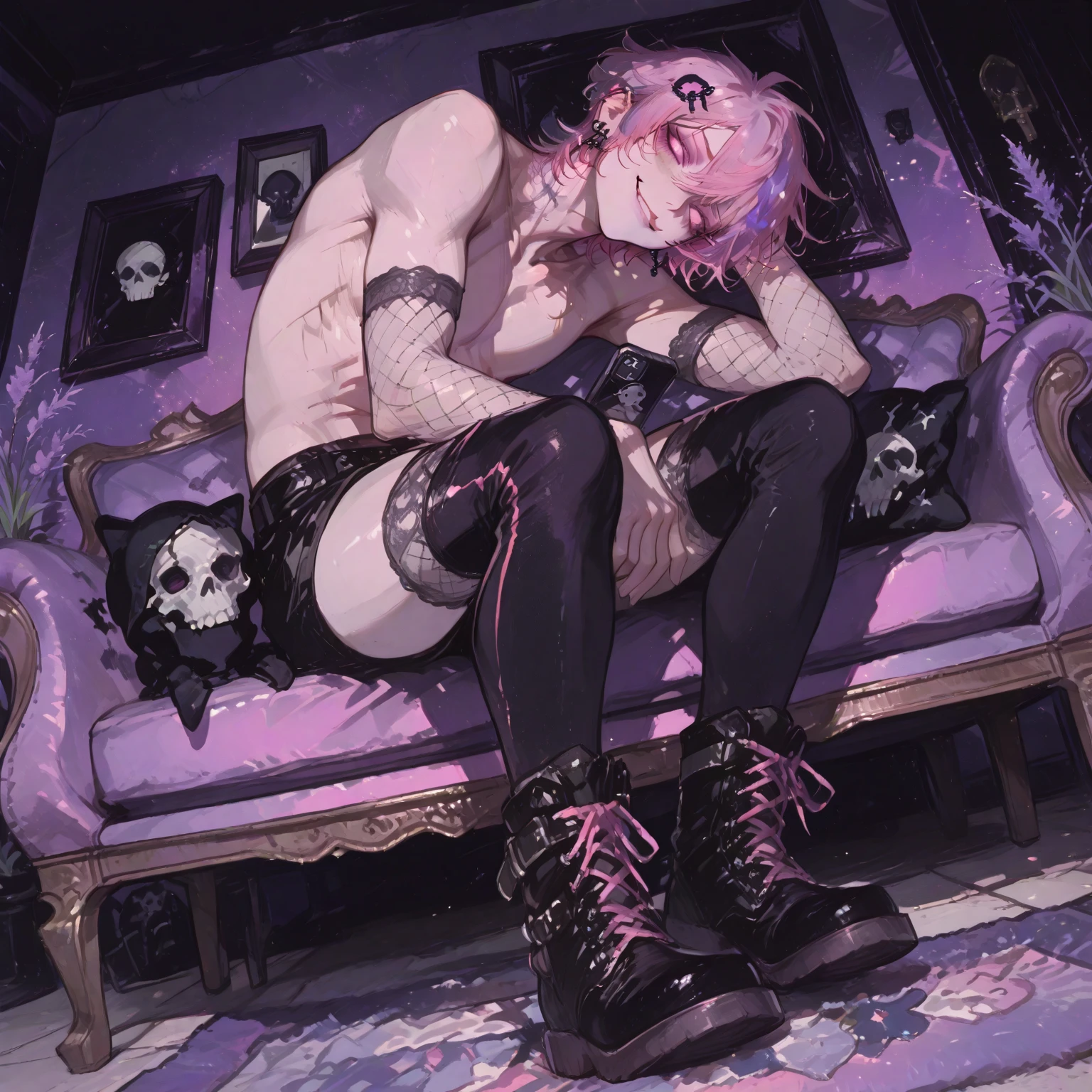 Ultra-realistic 8k CG, masterpiece, best quality, (photorealistic:1.4), absurdres, extremely detailed, real hair, life-like, horror scene, dark setting, provocative pose, girl covered in slime, fingering pussy, drinking her own piss, wet messy purple-black hair, blue eyes, very skinny, goth girl, rolling eyes, wet goth clothes, choker, high shoes, full-body fishnet, skull print, goth gloves, sweaty body, fingering her pussy, squirt, squirting everywhere, very horny, heart pupil, tongue out, drool flowing from her mouth, aphrodisiac, long black nails, large tattoo, tight pussy, very sweaty body, wet pussy, small breast, small ass, masturbating, tired of masturbating, bare breasts, nipple pierced, gothic accessories, gothic neck belt, gothic belt, pierced elf ears, wolf ears, long wolf tail, pierced nose, on the bed, she has a dildo cabinet, ahegao, 6 years old, blush, Embarrassed, wet, wetting, she squirts everywhere, she is short, 100cm tall, vibrating, final setting vibrator, remote_play, remote_vibrating, female masturbation, She hornily tells me "fuck me darling", she too much squirts everywhere, she wet everything with her pussy juice, She was going to faint while fingering her own pussy, sleepy, panicking