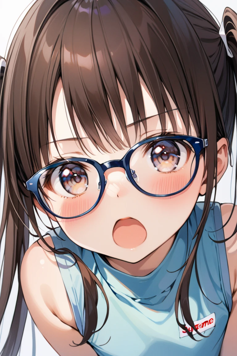 Ultra Ultra Detail, Best Quality, High resolution, ((A petite, black-haired, cute girl with droopy eyes wears round glasses and looks upwards.))、Pretty eyes, Detailed eye depiction, Eye sparkle, Looking at Viewer, pale skin, (((Petite))), (flat chest:1.4), (blush:1.2), (big eye:1.4), in a pool, Focus on the face, Long hair with twin tails, ((super close up of tongue))、(((from above))), open_mouth, (((face only:1.4))), ((naked)), nsfw, saliva, close up of face, up of face,