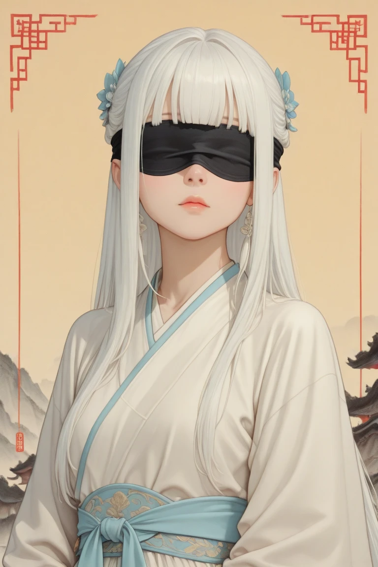 8K，（Hazy：1.4），best qualtiy，tmasterpiece，超高分辨率，Stunning character art，Hazy beauty，A woman wears a black cloth belt to cover her eyes，Gray hair，Anime girl with flowers in her hair, Gray background，This is a detailed Onmyoji style art，Whiten face，frostbite，Silk robes，Very beautiful girl，The blind freedom of a few，style of anime4 K, Anime wallpaper 4K, White-haired god, anime styled 3d