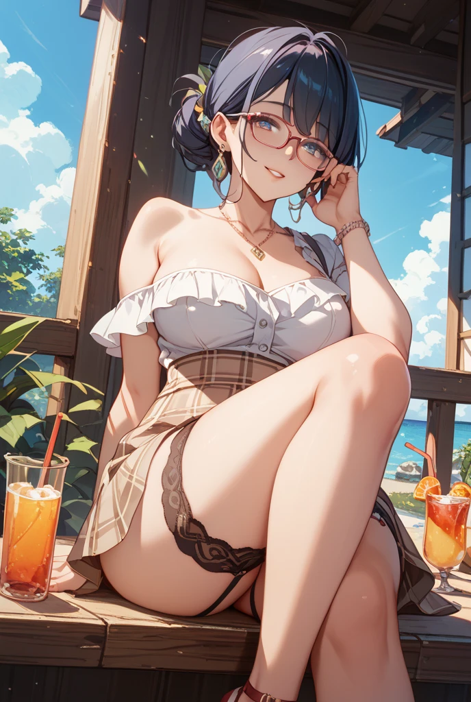((young adult short woman, young_face with freckles)), (glowing blue eyes), chubby, gradient (black hair), long wild hair, large round gold glasses, medium c-cup breasts, shiny skin, cutesy, outdoors, waiting, looking curious, magical