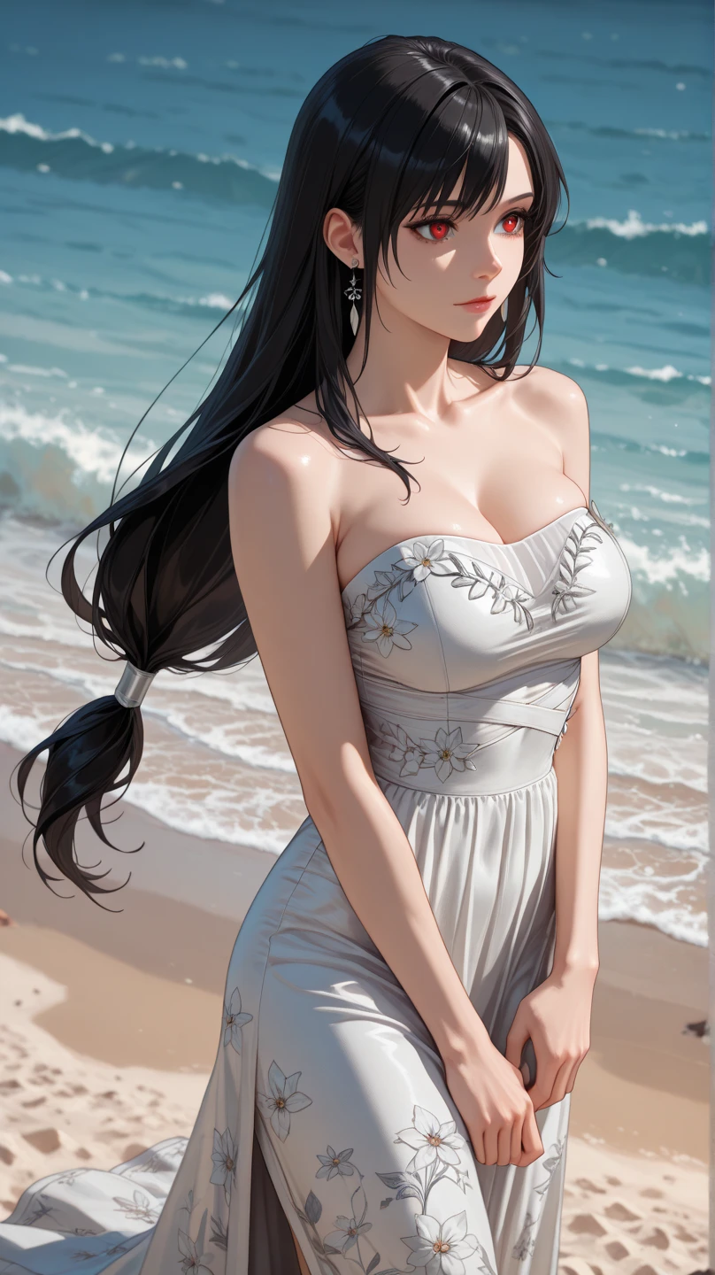 rzl, (best quality), (Masterpiece:1.2), (realistic, photo-realistic:1.2), (Highly Detailed Face and Skin Texture), cowboy shot, (20 years old Japanese idol), cute face, Whitening Skin, Double Eyelids, (Absurdly Long Hair:1.5), (slim figure), (flat bust:1.1), long legs, (Black Straight Hair), (Choker), (long dress1.1), sea, sun, beach