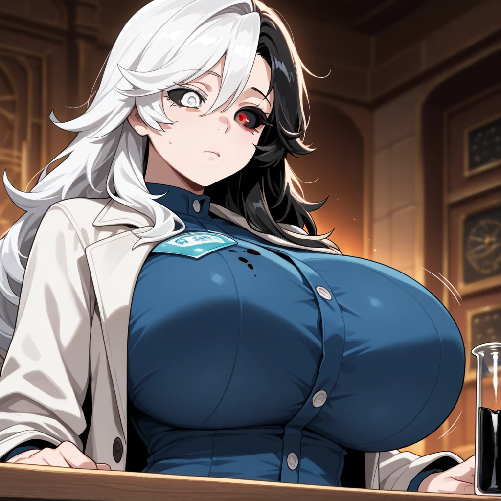 masterpiece , best quality , 1 sexy girl , (1 goose:1.2) , lab coat, doctor's white robe , (covered nipples:0.9) , (gigantic tits:1.2) , (thick arm:1.1) , thick thigh , gigantic hip , (white hair:1.1) , (plump:1.1) , surrounded by sci-fi machinery and monitor , (black glasses:1.1) , (evil smile:1.1) , (holding red crystal:1.2) ,