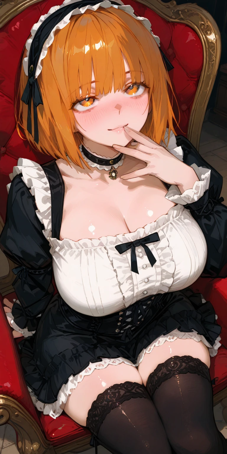 , ((((masterpiece, best quality, high resolution)))), Extremely detailed 8K, Beautiful maid girl with voluptuous body, ((open legs)), (Ultra HD, Ultra-detailed, Highly detailed, Highly realistic, Ultra-realistic, photograph realistic), (Realistic red hair), (short wavy hair, bob cut, earrings), (lewd poses), facing at camera, looking at viewer, (embarrassed, smile), ample cleavage, (round and firm breasts), (beautiful detailed face, aroused expression, seductive look, lustful eyes, flushed cheeks, parted lips, beautiful detailed eyes), (((sexy naughty maid bodysuit visible nipples))),(sunbeam, sunlight), seductive, naughty