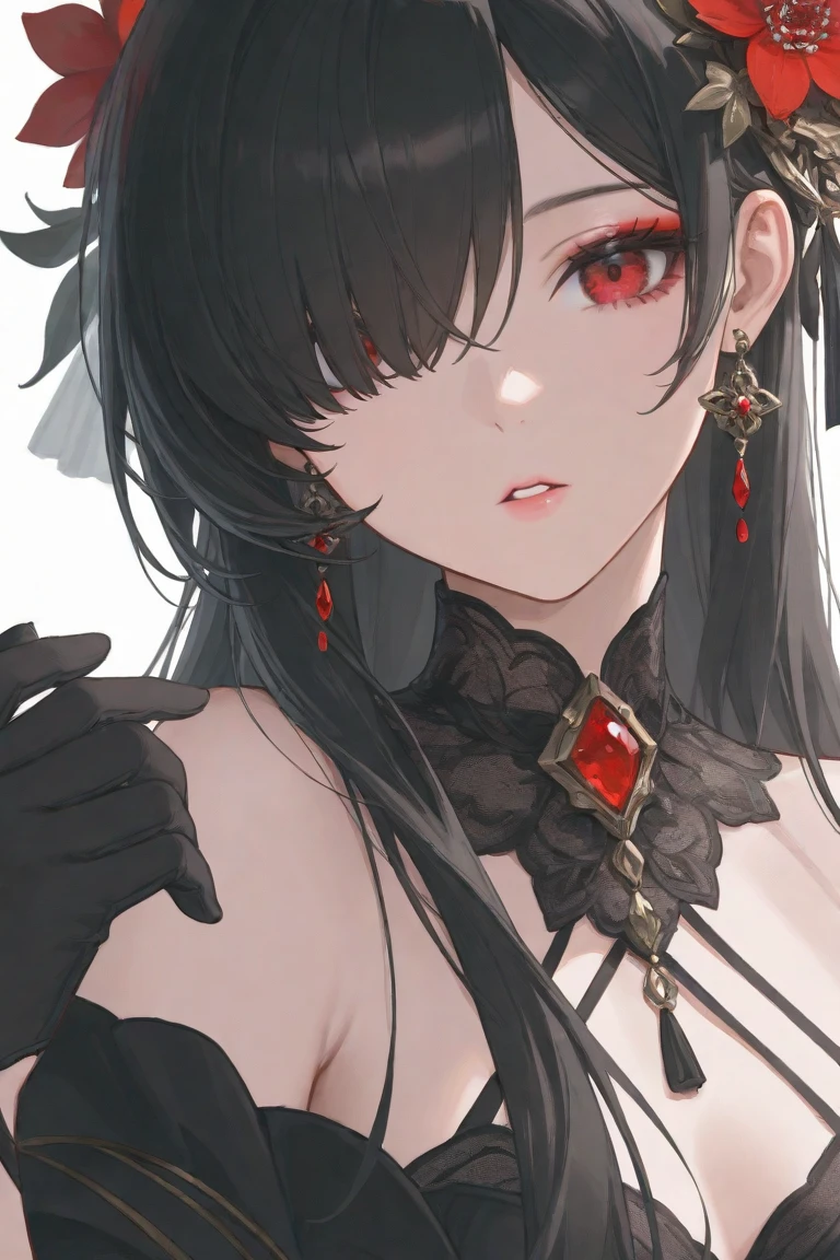 (best quality,high resolution:1.2), Super detailed, actual:1.37, A mature and beautiful lady wearing a black robe,sweat,red face, lace lingerie, show an indifferent expression, close up of her breasts, white hair, red eyes, and exposed her underwear, The focus is on her plump breasts,Accentuate Chest,chest focus, Mature and sexy,spades tattoo.