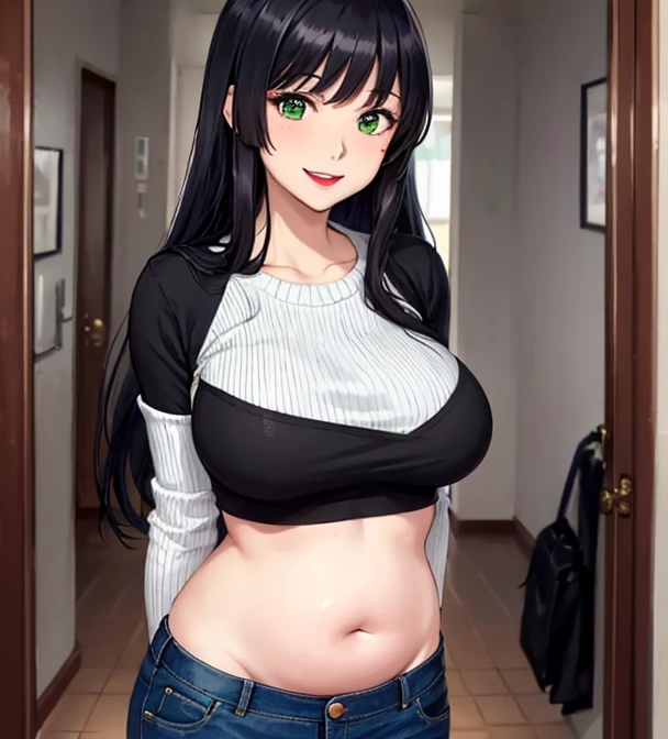 A woman with very long black hair and (very long bangs:1.5), wearing a (stylish long jacket:1.5) and tight jeans, (low-rise jeans:1.25), (low-cut jeans:1.25), standing. The artwork is inspired by manga and incorporates a doujin style. The woman appears to be (wetting herself:1.5), which causes her to feel incredibly embarrassed and humiliated, resulting in an intense and vibrant blush on her face. She is tightly grabbing her crotch with both hands in desperation (grabbing crotch:1.25), (covering crotch:1.25), (hands between legs., there is also a look of anger in her expression. The lighting in the scene is moody, with a spotlight highlighting the woman's figure. She has a very large pee stain on her jeans., large breasts, navel, midriff, groin, mound of venus, cleavage, diamond necklace, bikini top, thin