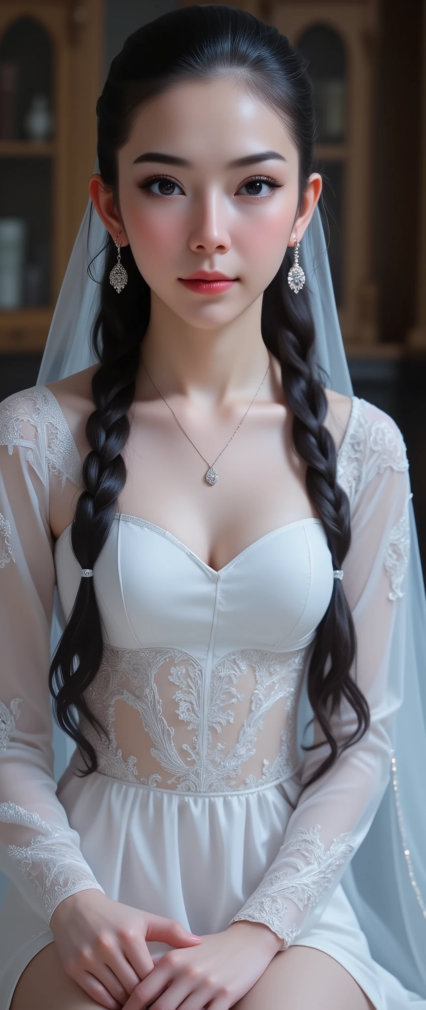 photorealisim、top-quality、超A high resolution、a full picture、Photo of full-body an exquisitely beautiful Nordic-born girl、Extraordinary beautiful girl、Highlights of cheek luster、Detailed cute and beautiful face、(pureerosface_v1:0.008)、Beautiful braids、Glowing white shiny skin、、shiny and beautiful black & white staright braid hair、Silky hair、finer hair、High-definition eyes、Beautiful, Bright and clear, Big eyes shine charmingly、eye liner、Double eyelids、Full body like、dismay、red blush、embarrassed from、glares、 shiny little necklace and earrings, shiny lips: 1.4, humiliated、impatience、dismay、Frightened、glares、Exposed cleavage、(A large amount of sperm in the chest:1.4)(Large amount of sperm in the thighs:1.2)、red blush、Tears are embarrassing、White underwear、White bra、Open knees、open one's legs、Masturbation behavior、Disheveled clothes、Dressing、Exposed panties、Wearing sweat、sodden、Sheer underwear、Neat and clean woman,28 years old, (sophisticatedweddingdress: 1.5),veils、Wavy Hair, a black & white, braids flowing diagonally, Medium Long Hair, Blue eyes, big breasts、 In the chapel of the church, Sitting on floor、feminine beauty, beautiful face and mesmerizing beauty:1.2,seductive, warm and detailed eyes:1.2, stary eyes:1.5, longfade eye brows, remarkable detailed pupils, dark kajal and long dark eye lashes:1.5, long dark eyebrows and dark heavy eyeliner:1.5, Matte eyeshadow and mascara:1.5