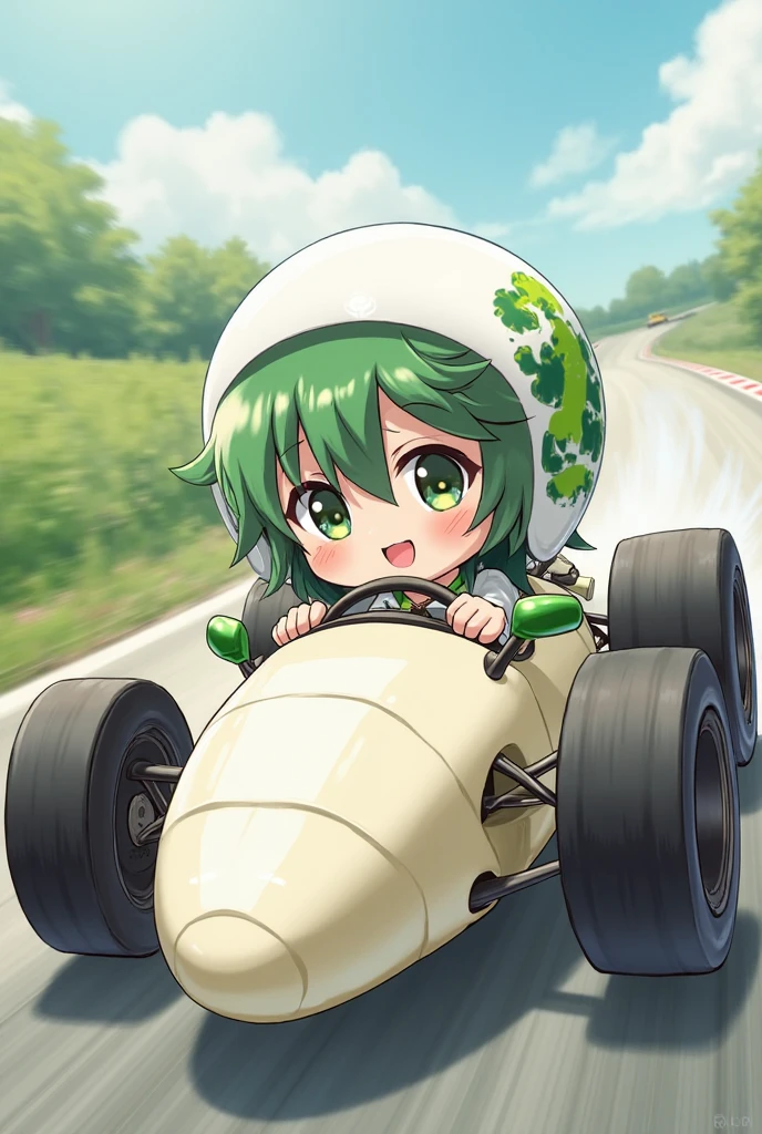 Driver girl driving a race car in the shape of a white radish、White and green hair color 、Daikon-patterned helmet、Race course inspired by a field、motion blur、Feeling Fast、DYNAMIC COMPOSITION、Drift、Cute deformed anime illustration