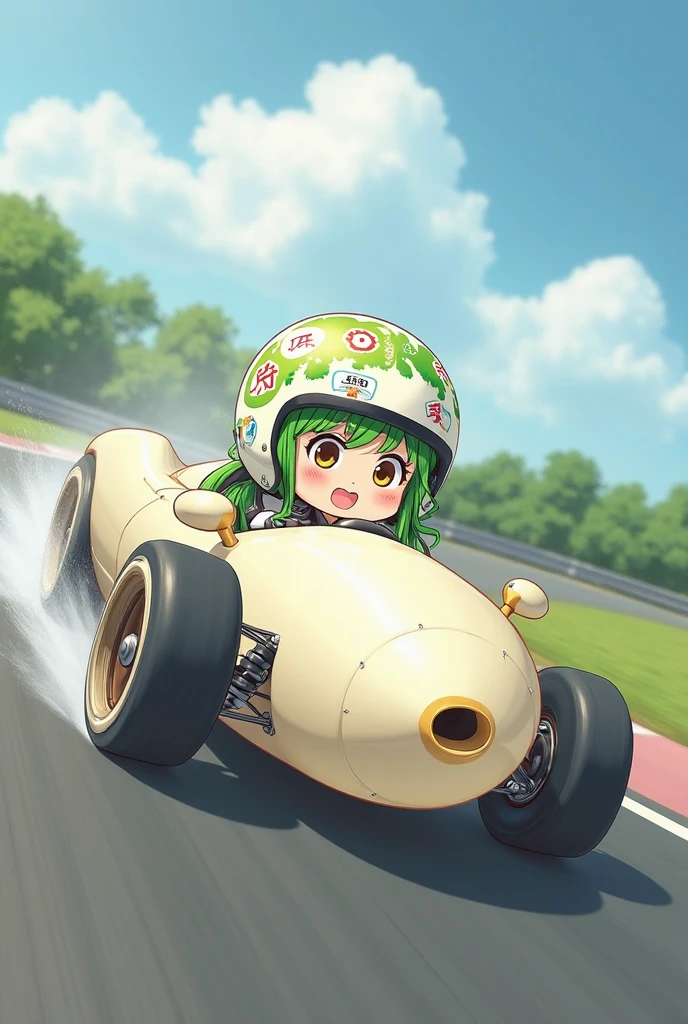 Driver girl driving a race car in the shape of a white radish、White and green hair color 、Daikon-patterned helmet、Race course inspired by a field、motion blur、Feeling Fast、DYNAMIC COMPOSITION、Drift、Cute deformed anime illustration