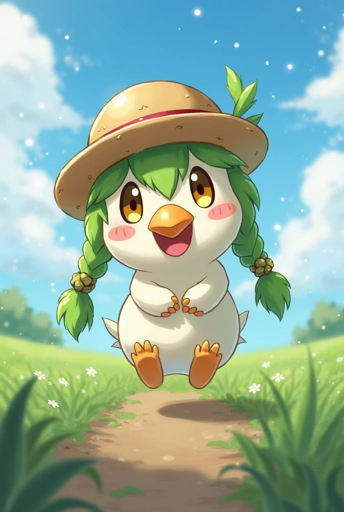 DKG , lovely, Personagem pequeno, (( Daikon leaf growth))Straw Hat Hat, Green double ponytail . , beak, astonishment:1.2, Beautiful blue sky, radish field background .