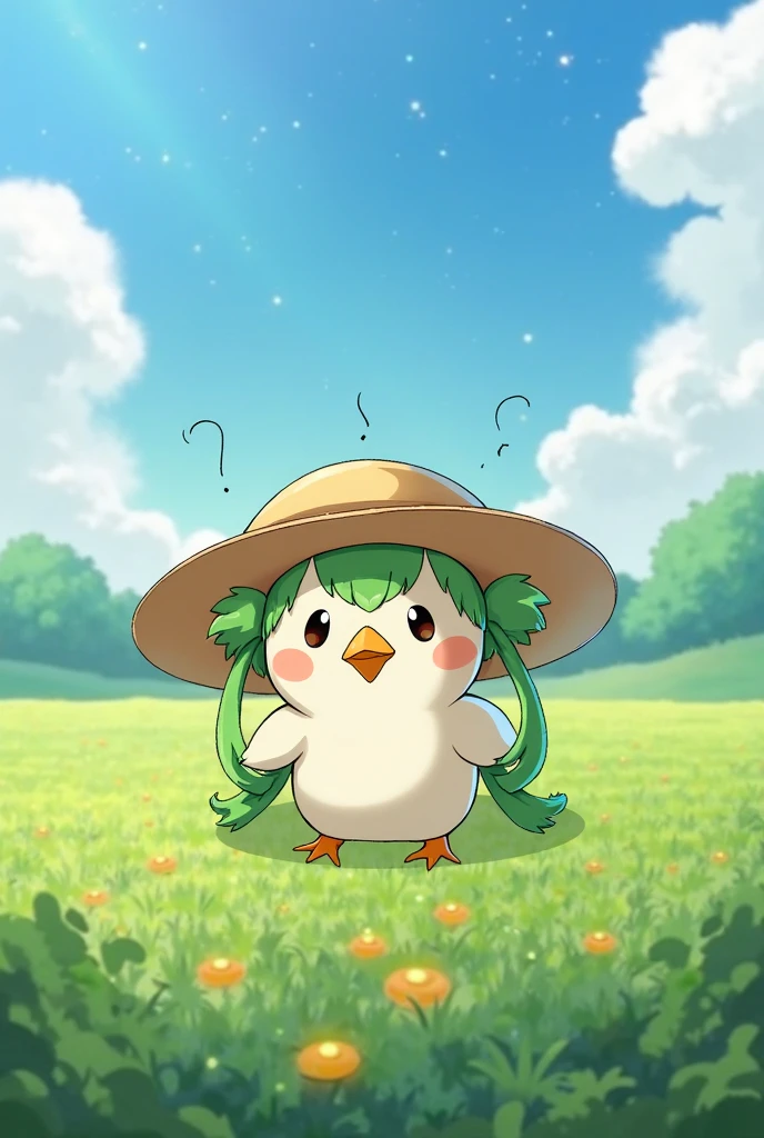 DKG , lovely, Personagem pequeno, (( Daikon leaf growth))Straw Hat Hat, Green double ponytail . , beak, astonishment:1.2, Beautiful blue sky, radish field background .