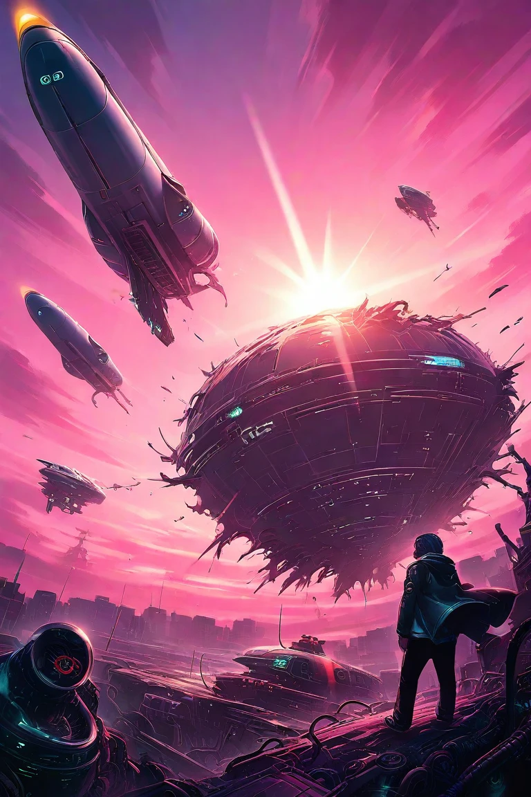 alien explorer, emerging from a crashed spacecraft, staring at an unfamiliar pink sky and double sun. style is sci-fi conceptual art, rendered as digital frosted. Low-angle lighting, surreal shadows. focusing on scenery and character interaction. 8 thousand, Vibrant color grading, otherworldly realism.