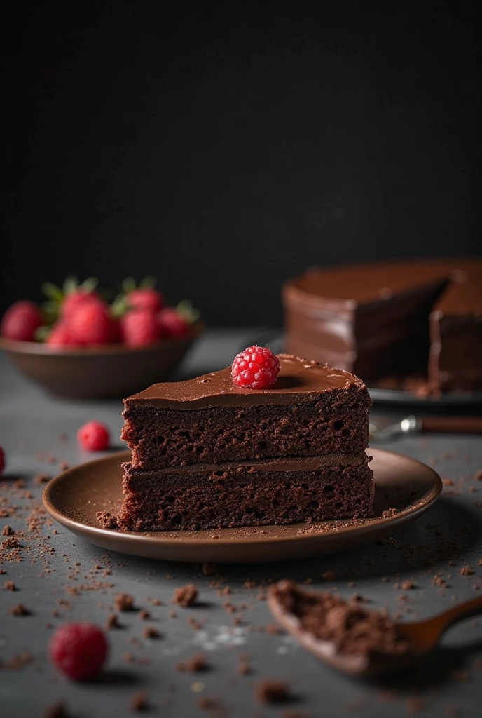  cinematic still-frame chocolate， chocolate cake ，deep dark background，High quality photos，Wet texture，Icing ，studio photo，slice，shallowdepthoffield，Vignette，Very meticulous，High budget，Bokeh，Movie widescreen，gloomily，epic，opulent，cinematic grain，grain sense