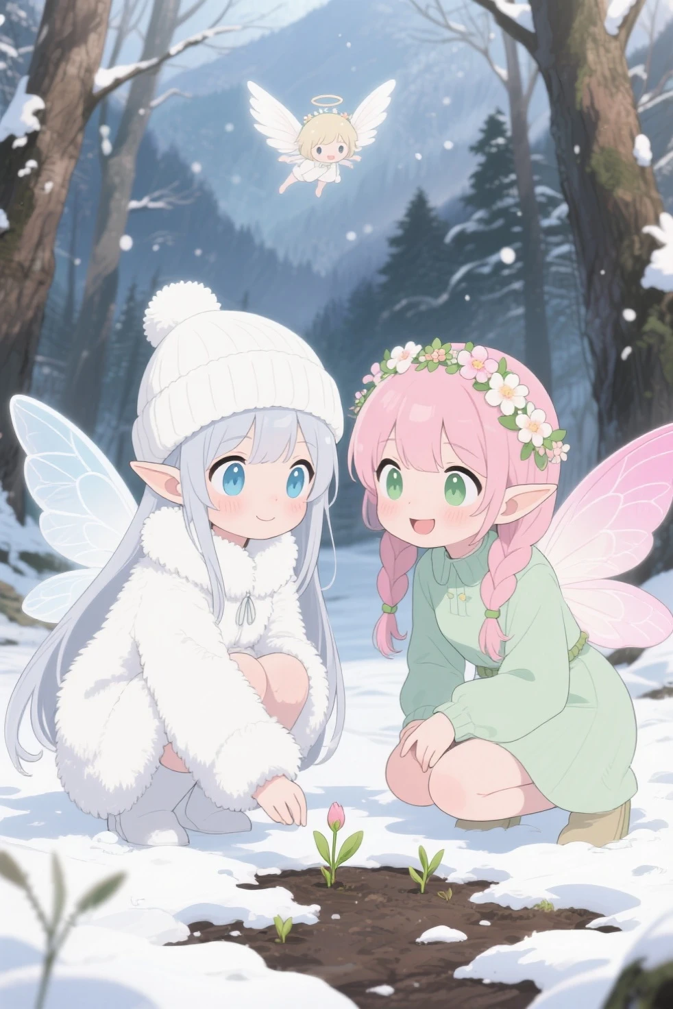 , snow fairies and flower fairies are appearing on the ground. These little fairies are cute anime girls. background is drawn in an animated style. Snow Fairy has slightly slanted light blue eyes, Long silver hair, white fairy wings, and elve-like ears, with a white top The colored wool hat, and a white fur coat. The flower fairy is round Light green eyes, light pink double ponytails, light pink fairy wings, and elve-like ears, Wear light green clothes,A flower crown is worn on his head. localização: A beech forest in the deep mountains,At the end of winter. Snow Fairy and Flower Fairy are crouching, they are watching the ground,where the snow has melted,, only remnants of snow. are popping up on the ground. with a happy smile. An angel looking down at the ground from above.