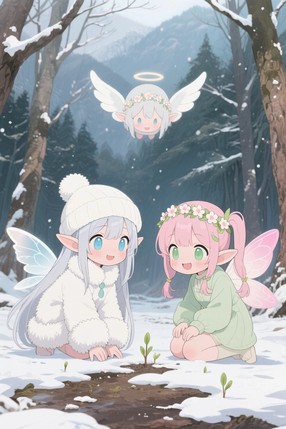 , snow fairies and flower fairies are appearing on the ground. These little fairies are cute anime girls. background is drawn in an animated style. Snow Fairy has slightly slanted light blue eyes, Long silver hair, white fairy wings, and elve-like ears, with a white top The colored wool hat, and a white fur coat. The flower fairy is round Light green eyes, light pink double ponytails, light pink fairy wings, and elve-like ears, Wear light green clothes,A flower crown is worn on his head. localização: A beech forest in the deep mountains,At the end of winter. Snow Fairy and Flower Fairy are crouching, they are watching the ground,where the snow has melted,, only remnants of snow. are popping up on the ground. with a happy smile. An angel looking down at the ground from above.