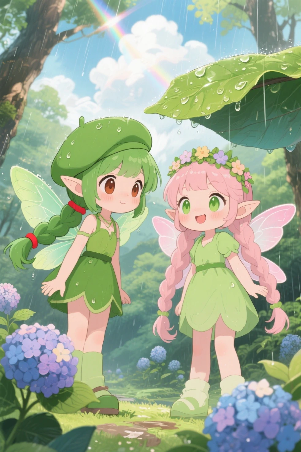 There is a flower fairy and a green fairy. These little fairies are cute anime girls. background is drawn in an animated style. The green fairy has a green ponytail,with a red headband, red and brown eyes, Elf-like ears, green fairy wings, Green berets, and green costume. The flower fairy is round Light green eyes, light pink double ponytails, light pink fairy wings, and Elf-like ears, Wear light green clothes,A flower crown is worn on his head. localização: in the deep mountains in the early summer beech forest. hydrangeas are blooming. drops of water dripping from hydrangea leaves. The fairy and the green fairy are hiding from the intense rain. The rain stopped, A prism effect is being projected through the clouds. They looked happy. looking up at the sky from the ground.