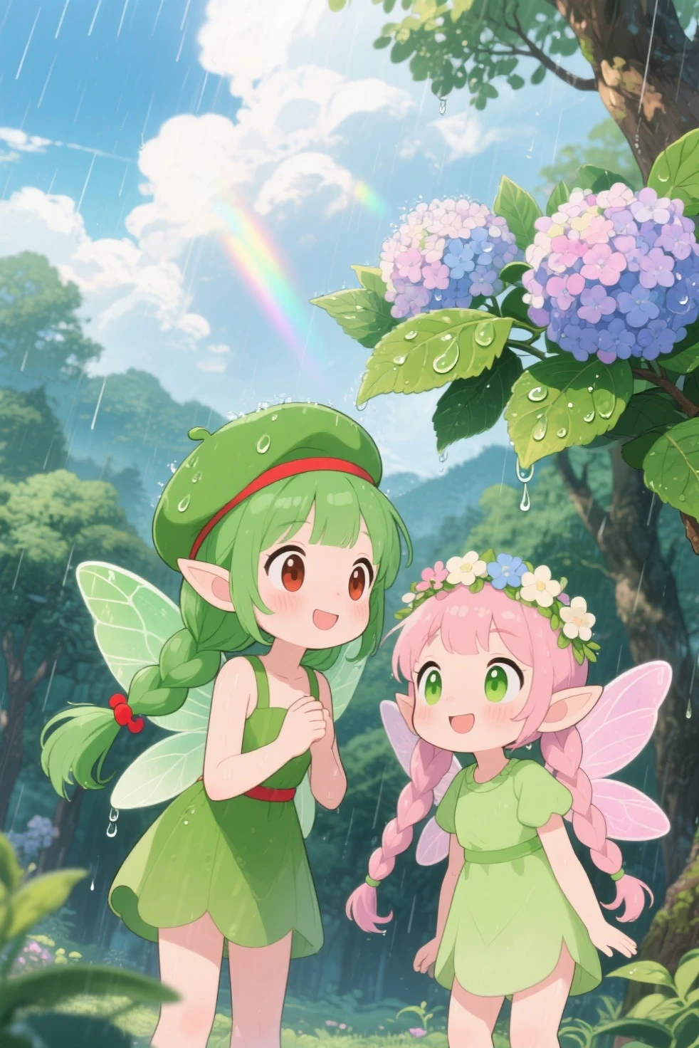 There is a flower fairy and a green fairy. These little fairies are cute anime girls. background is drawn in an animated style. The green fairy has a green ponytail,with a red headband, red and brown eyes, Elf-like ears, green fairy wings, Green berets, and green costume. The flower fairy is round Light green eyes, light pink double ponytails, light pink fairy wings, and Elf-like ears, Wear light green clothes,A flower crown is worn on his head. localização: in the deep mountains in the early summer beech forest. hydrangeas are blooming. drops of water dripping from hydrangea leaves. The fairy and the green fairy are hiding from the intense rain. The rain stopped, A prism effect is being projected through the clouds. They looked happy. looking up at the sky from the ground.