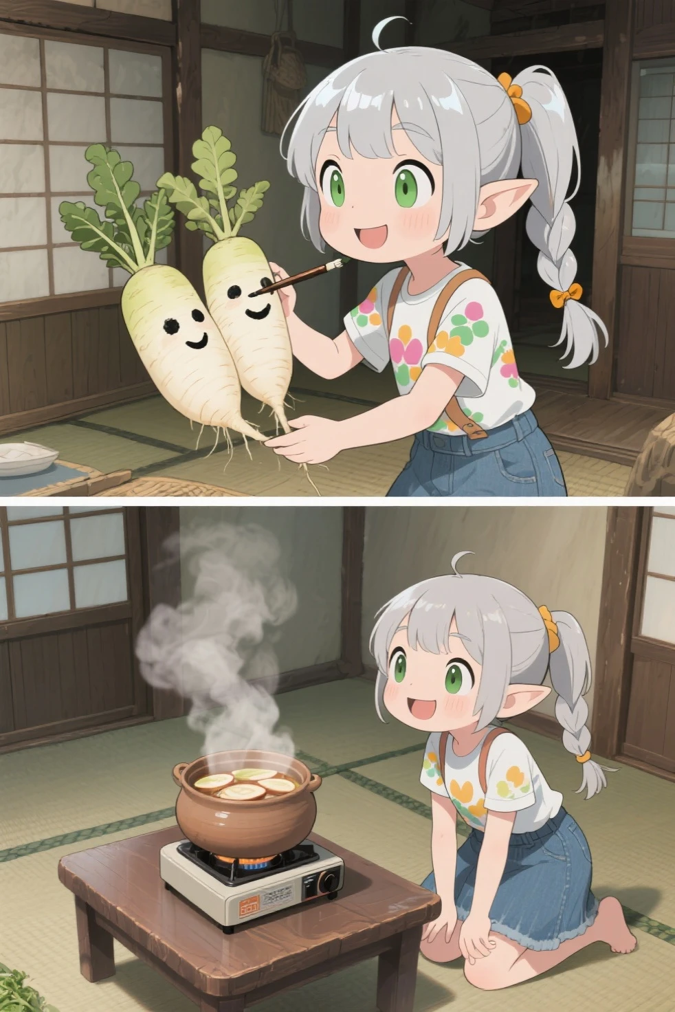 A picture divided horizontally into two columns in a manga style. background is drawn in an animated style. Each picture has a cute little anime girl, looking like this: Her face is round. Her ears are like elves. Her eyes are big, light green and slightly slanted. Her hairstyle is a side ponytail. The ponytail is braided. The front hair is cut diagonally above her eyes. The color of her hair is shiny silver. with an amber hair tie on the side. She is wearing a fancy t-shirt and denim skirt,with suspenders. Details of the first image Below: in a room in an old Japanese farmhouse. she is holding a large radish, is happily using a brush and Japanese ink on a radish(with two)Painted face. The details of the second image are as follows: in a room in an old Japanese farmhouse. There is a portable stove on the low table, There is also a clay pot on it, with thick slices of radish simmered on it, steam rising from the pot. She is kneeling,staring excitedly at the pot. angle is like looking down at the pot from above.