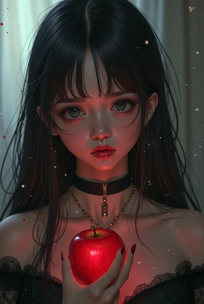 ((RAW photos),Absurd ,(Absurd 分辨率)),masterpiece,Best quality,(extremely detailed 8k unity CG wallpaper),(Most Best Illustration),(BEST SHADOW),Realistic lighting,Beautiful and detailed brilliance ,((21yo)),girl,longblackhair,Black Queen,accessories,Hold an apple,Poison apples,Witch Queen,red lipsticks,(((Her photography perspective)))