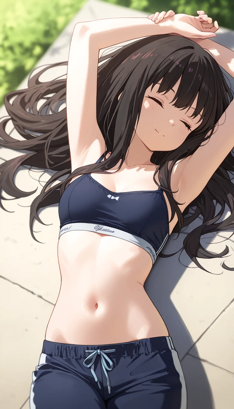 Healthy dark tan skinned anime girl goddess, sexy af, eyes close, holding a spear, wearing revealing crop top, eyes closed