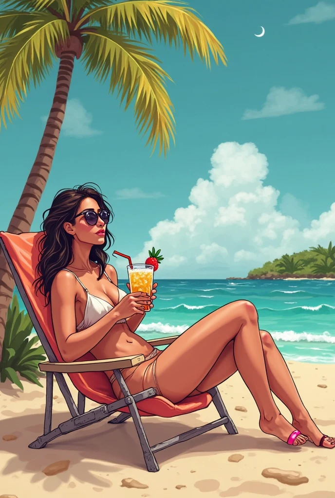 A vertical illustration of a black-haired woman, long. With green and seductive eyes sitting on a Caribbean beach with lots of vegetation at sunset. The woman is centered in the image, sitting on the sand with the sunset behind her, their hair swaying gently in the breeze. She is drinking a piña colada. The background shows a vibrant sky that shifts from deep orange to purple hues., with surfers in the water and seagulls in the sky but the focus remains on the woman in the background, capturing her serene expression and natural beauty.
