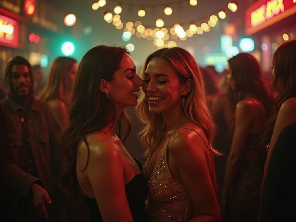 a beautiful biracial latina woman long wavy light blue hair light blue eyes large breasts dance moves with a beautiful white woman blond hair in dance club, lot of people behind, disco light , good vibes, smile and laugh,