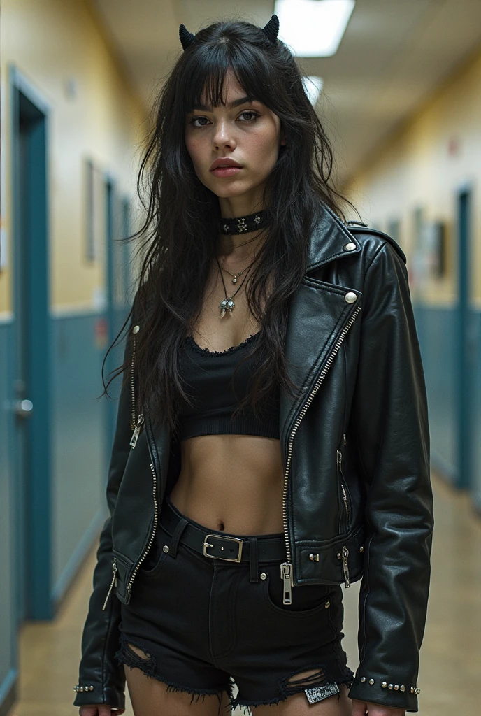 Pale skin, freckles on face, small face tattoo on top of right eyebrow , hand tattoo, 5 foot 8 inches tall, lip gloss, slim build, long dark hair with tight curls, almond shaped dark brown eyes, black Leggings, black leather jacket, tennis shoes, Daytime in retail store, gold necklace, prescription glasses