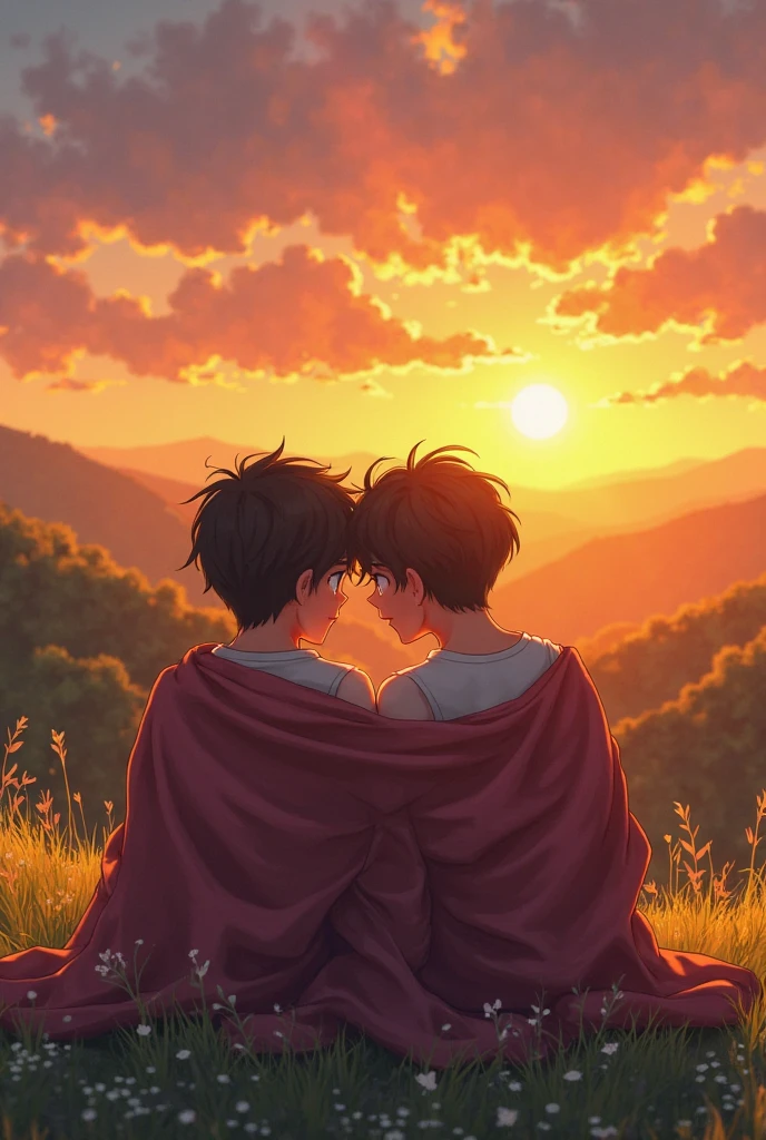 Create an image of two boys on a bench on top of a mountain with trees around them. The boy sitting is white with short black hair wearing shorts and a sleeveless t-shirt with defined muscles., on his lap is the other skinny boy with messy brown curly hair wearing black pants and a plaid shirt. The two approaching to kiss each other with their hands on each other's heads. Make the image with reference in yaoi manhwas imitating a painting with slightly blurred brushstrokes.