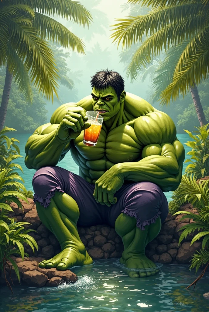 (marvel's incredible hulk,tropical drinks:1.1,bermuda trunks) in a (pool,relaxing:1.1,floating:1.1) (best quality:1.2) with (vivid colors,sharp focus:1.1).