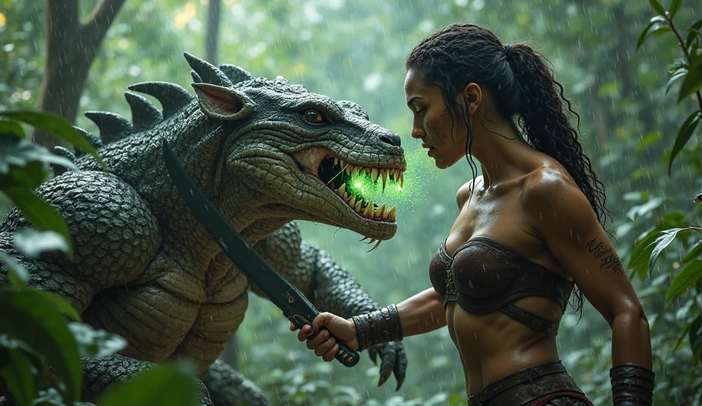 (Best Quality, Ultra-detailed, Realistic:1.37), Mature Women, jeans skirt, (lace stockings with garters), drowning in a swamp, (fear), ((she is chased by a huge monster)), scream, she tries to escape, monster behind her in background, (((monster has a long flaccid penis:1.2)))