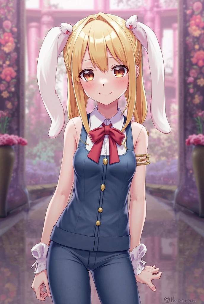 1girl, alone, minami fuyuki, masterpiece, best quality, high resolution, ultra detailed, long hair, blonde hair, purple eyes, big breasts, medium waist, wide hips, medium thighs, ahoge, (rabbit ears: 1.2), red playboy bunny outfit,casino,holding tray,embarrassed,blushing,standing,perfect hands,perfect anatomy