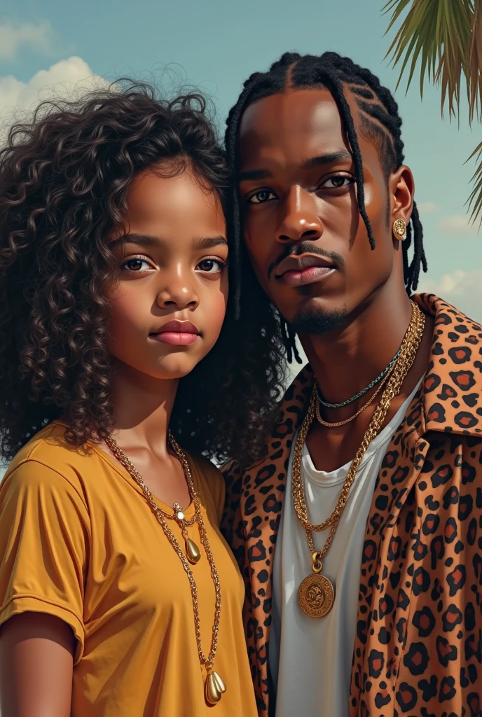 a bengalise animal tiger with plumeria flowers around his neck and his ebony brown seven year girl, black curly hair light brown eyes, facing viewer happy outside walking or sitting sunny , ultra, 8K